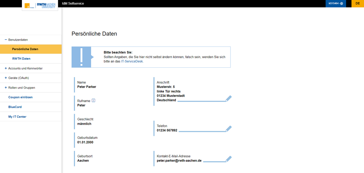 Screenshot vom Selfservice