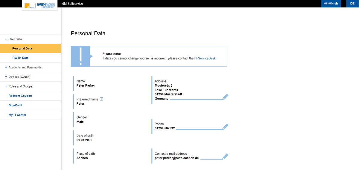 Screenshot of the selfservice