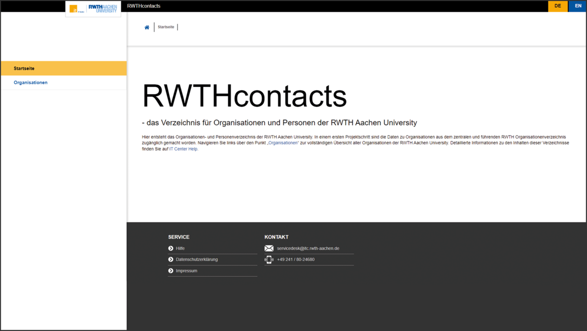 Bildschirmfoto der neuen Website RWTHcontacts