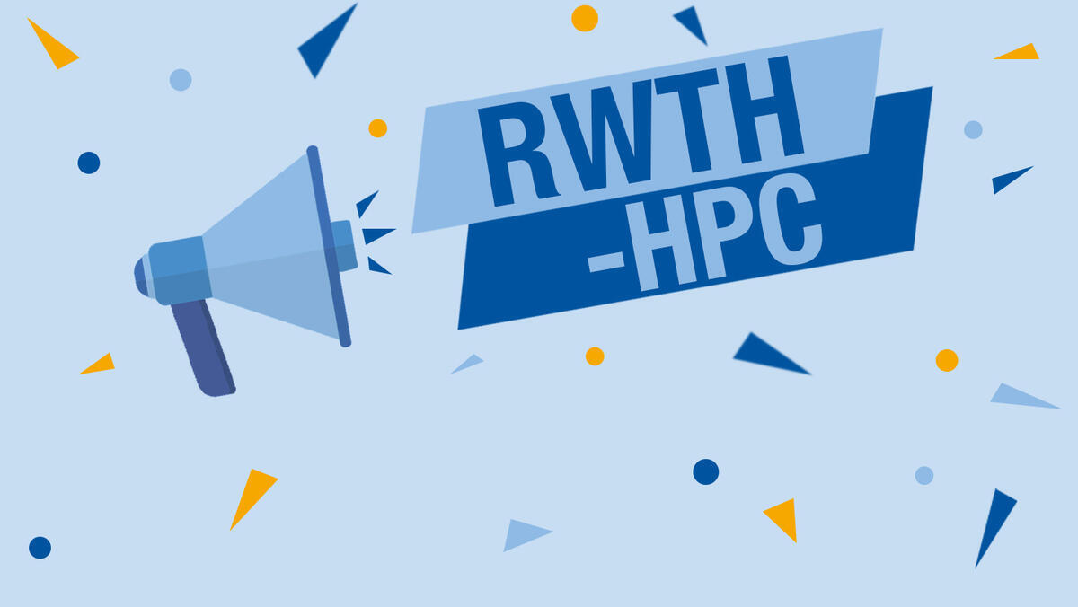 Megafon und RWTH-HPC Schriftzug mit Konfetti auf blauem Hintergrund