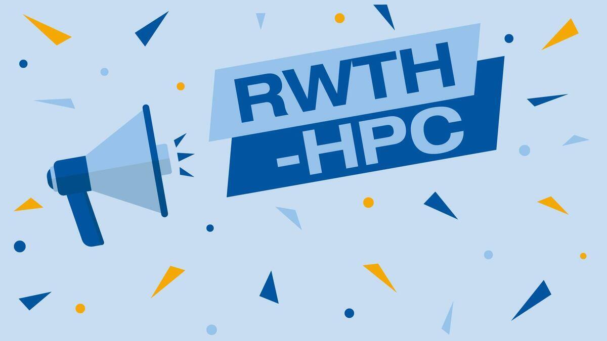 Schriftzug RWTH-HPC mit Lautsprecher auf blauem Hintergrund