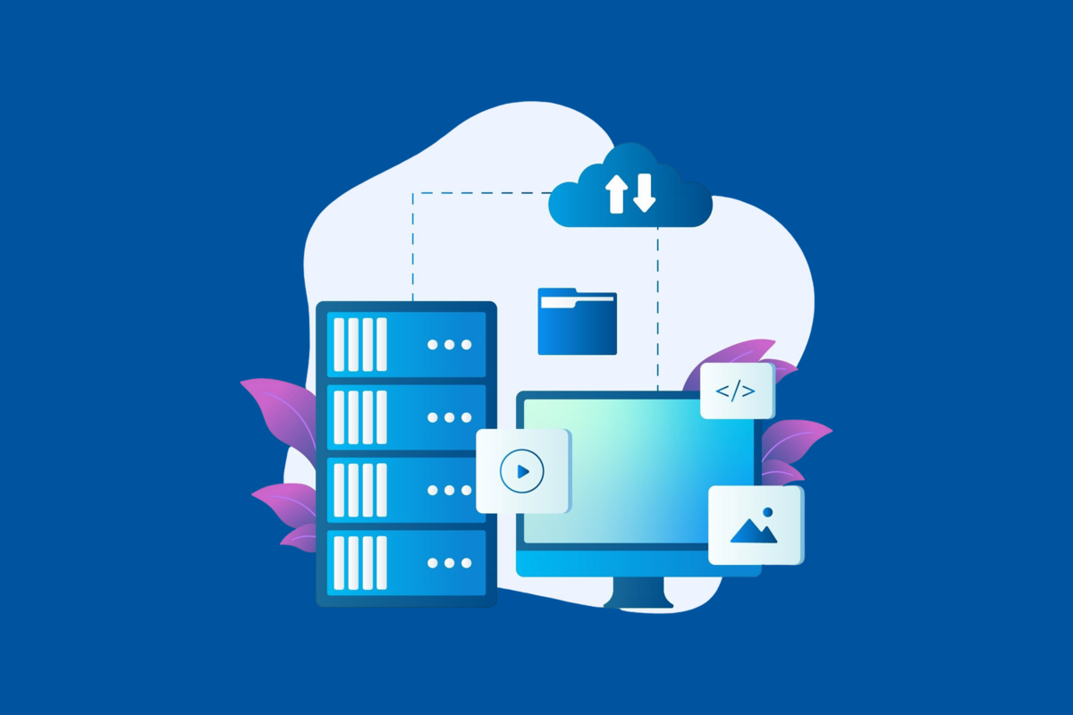 Graphic of white cloud in front of a blue computer with icons