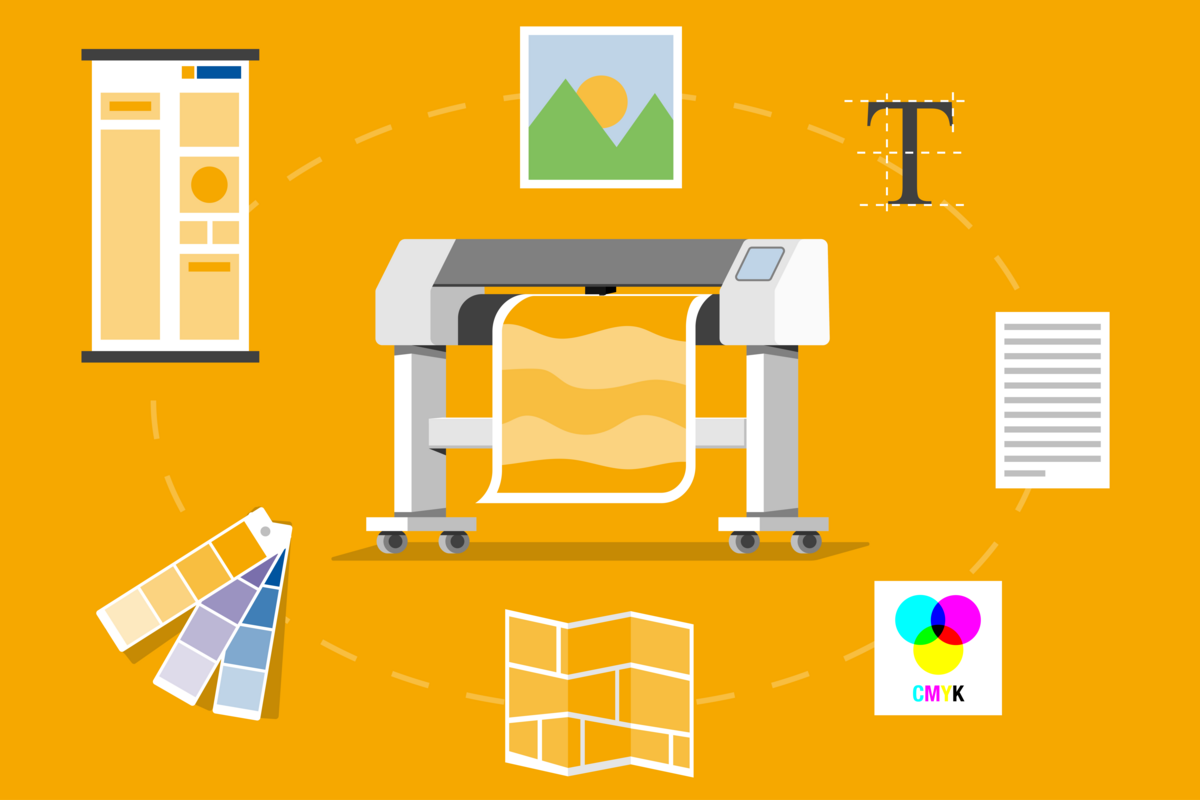 Graphic of a printer,; in the circle around various graphics of posters and images