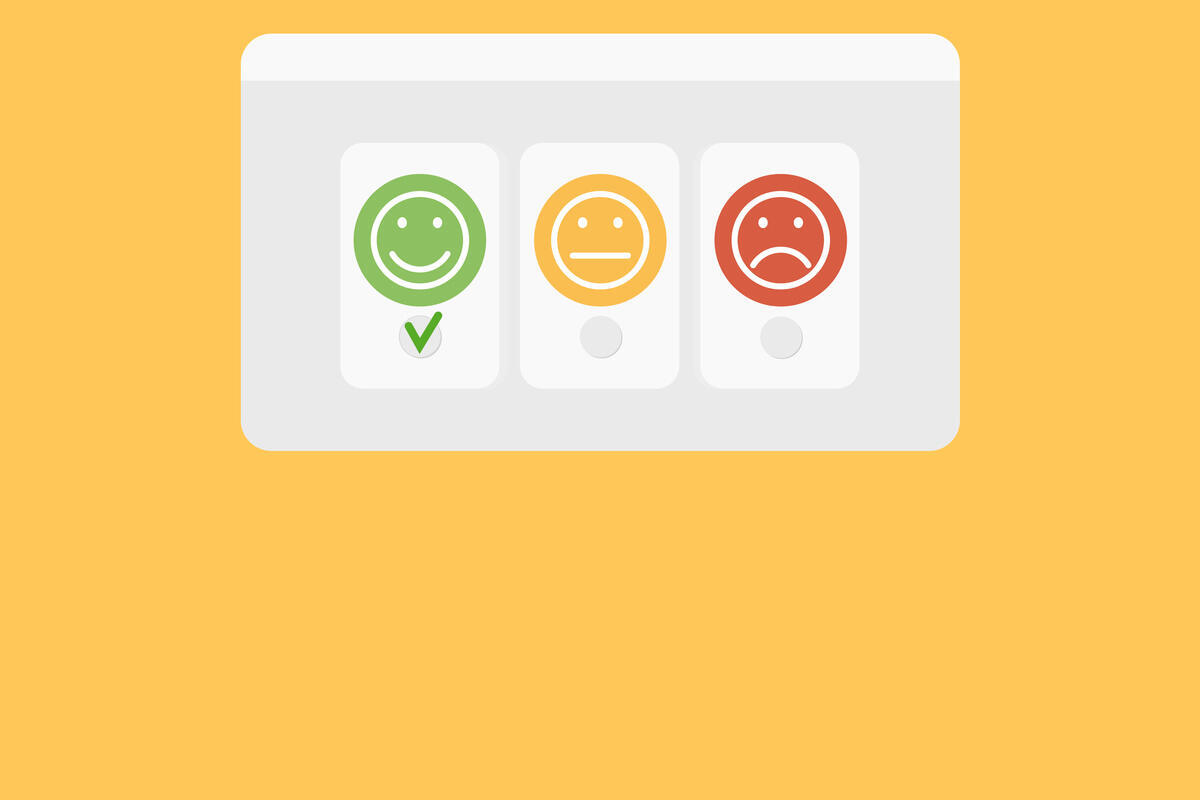 Drei Smileys in einer Reihe, von links nach rechst: ein grüner lachender Smiley, ein gelber neutral schauender Smiley, ein roter traurig schauender Smiley