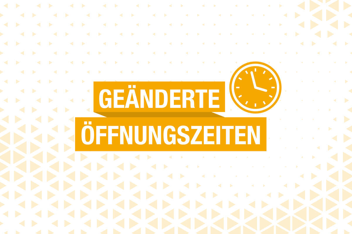Orangener Schriftzug Geänderte Öffnungszeiten mit orangener Uhr
