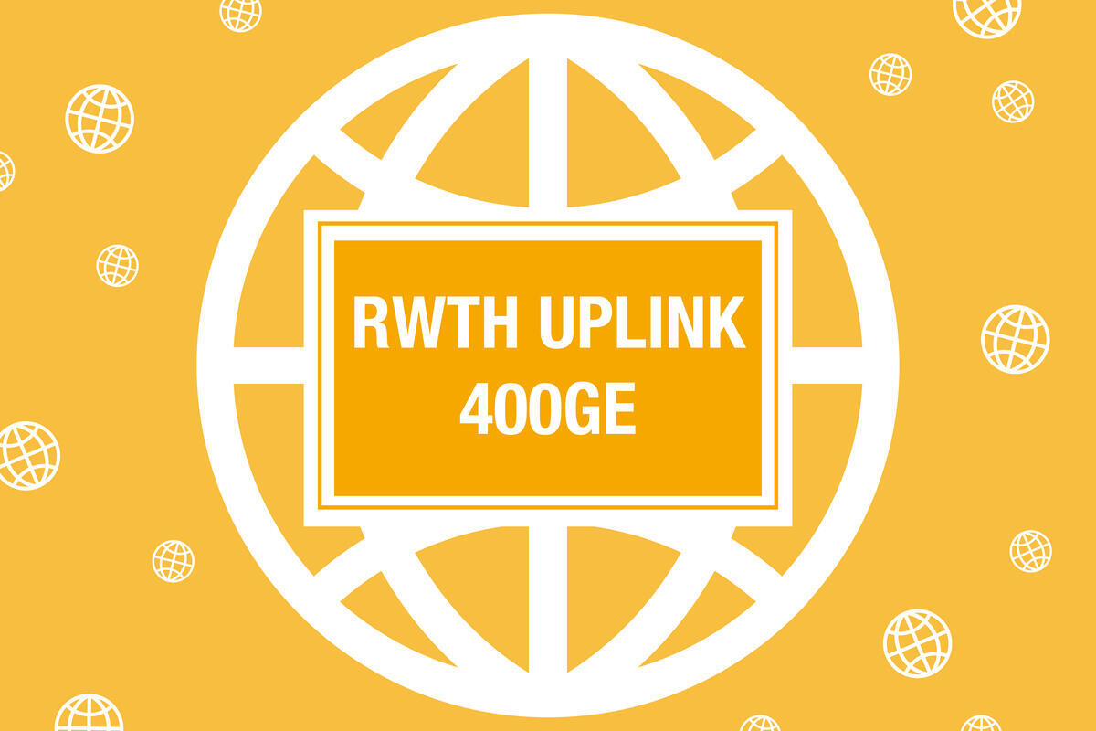 Zeichnung einer Weltkugel in weiß auf orangem Hintergrund mit Schriftzug "RWTH UPLINK 400GE"