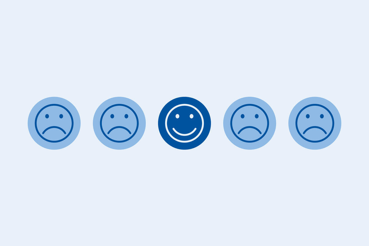 5 smileys showing different emotions, from happy to sad