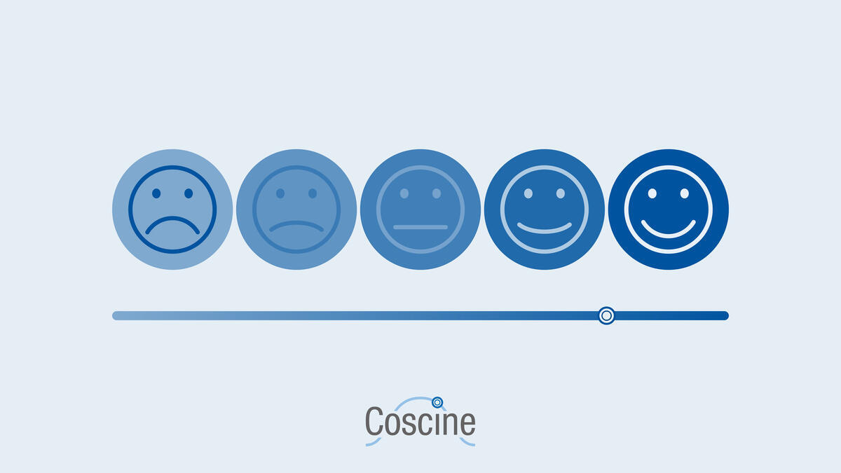 Five blue smiley faces ranging from sad to very happy, with a slider, and the "Coscine" brand name below.