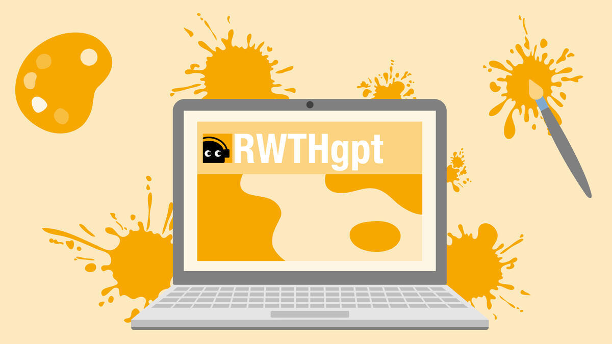 A laptop with the text “RWTHgpt”, with splashes of paint, a paintbrush, and a color palette in the background