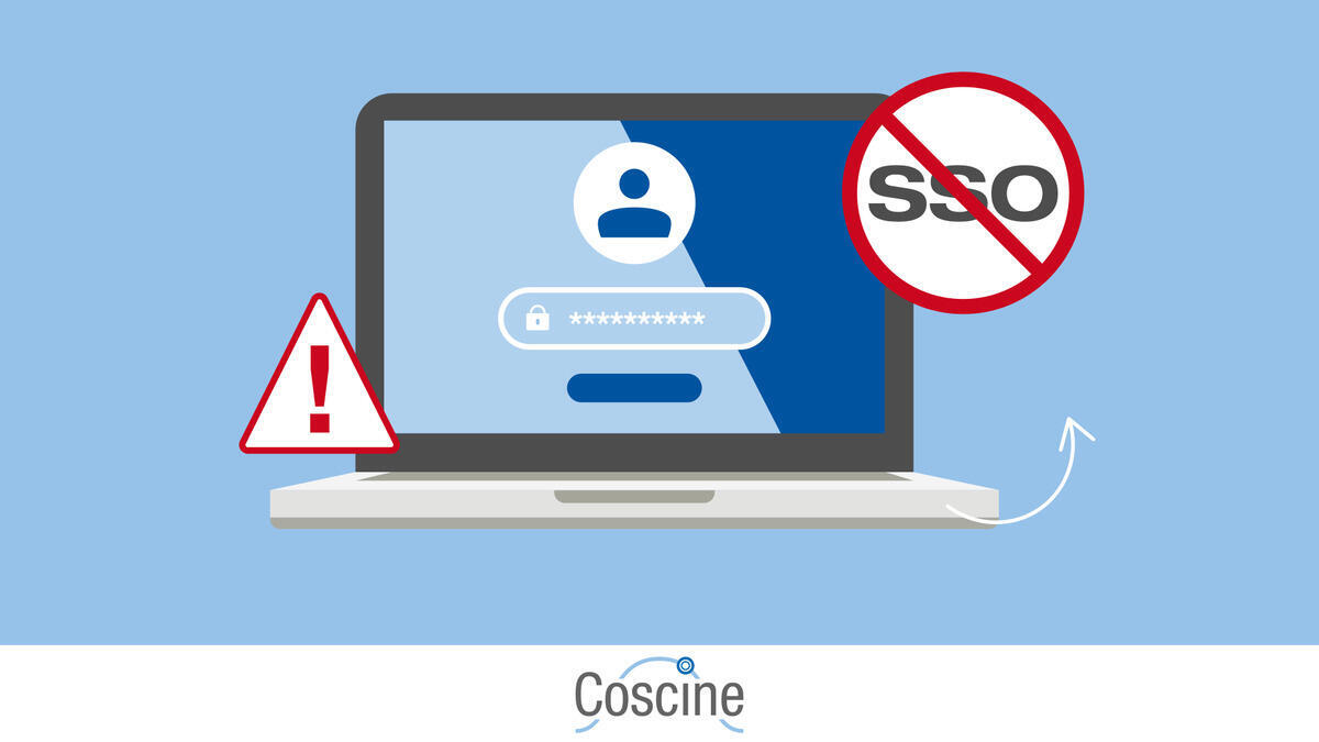 Laptop mit Loginmaske, Warnsymbol und durchgestrichenem SSO‑Schriftzug, unten rechts Coscine‑Logo.