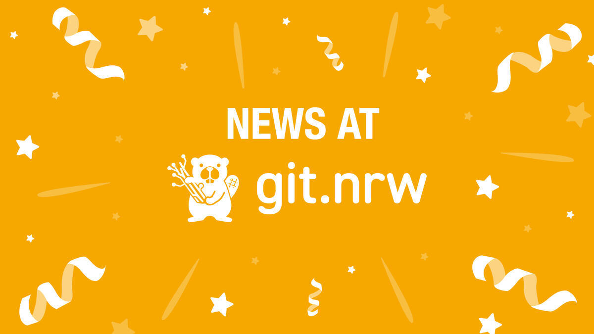 “News at git.nrw” on a yellow background with confetti and the git.nrw logo